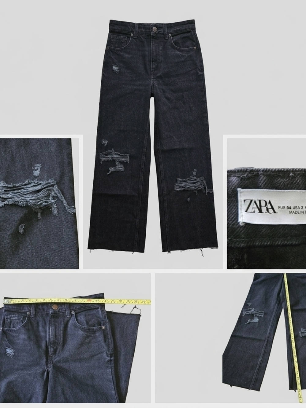 ​Zara TRF Black High Waisted Wide Leg Distressed Jeans Women’s US 2 EUR 34 Rippe